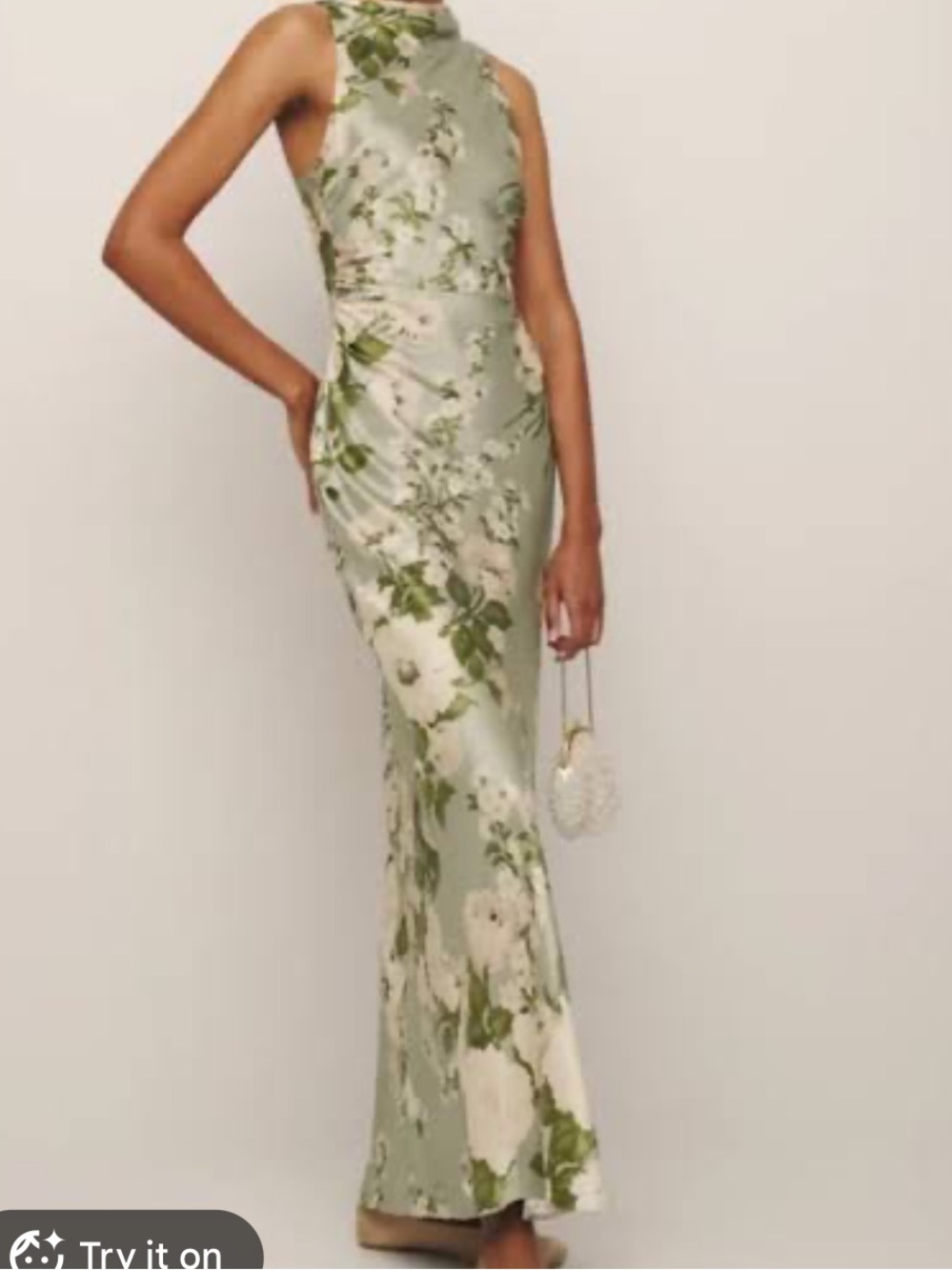 Reformation Floral High-Neck Silk Maxi Dress in Sage and Cream
